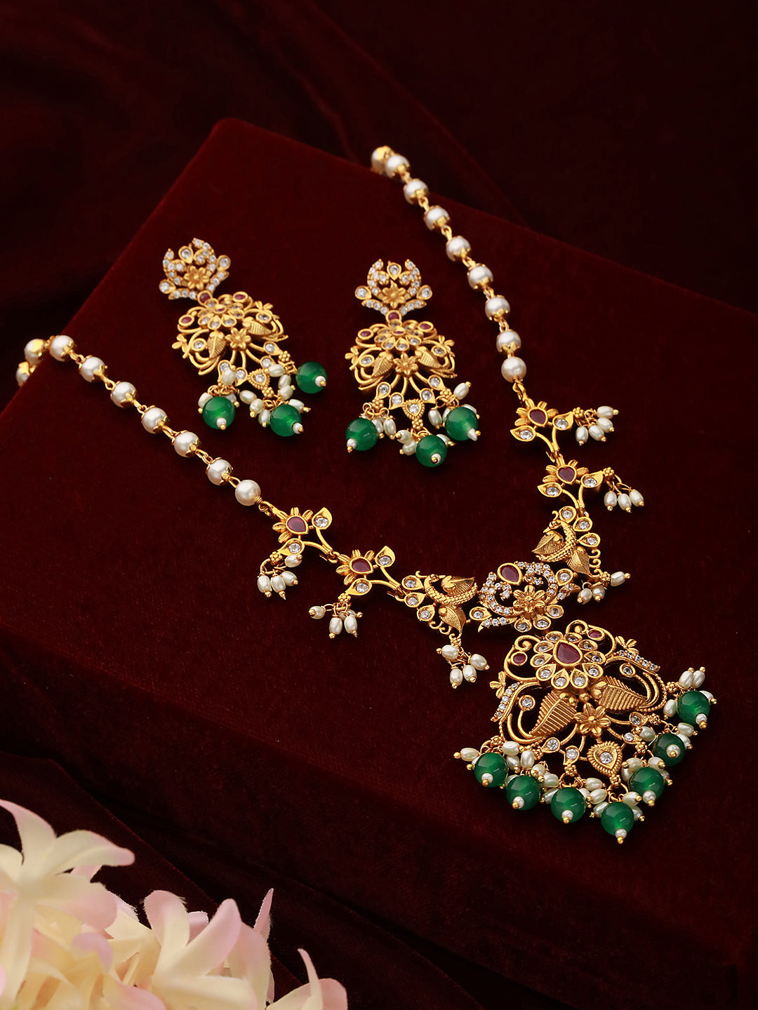 Gold Plated Pearl Mala   Haram  Floral Necklace Jewellery Set